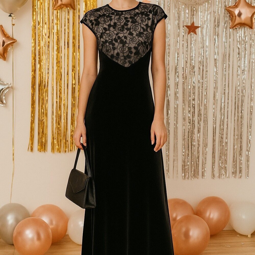 Vintage 90s Betsy & Adam Black Velvet Metallic Floral Whimsigoth Maxi Dress Sz 4